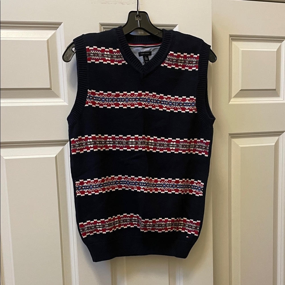 Tommy Hilfiger Boys Navy Knit V-Neck Sweater Vest with Read & White Stripes